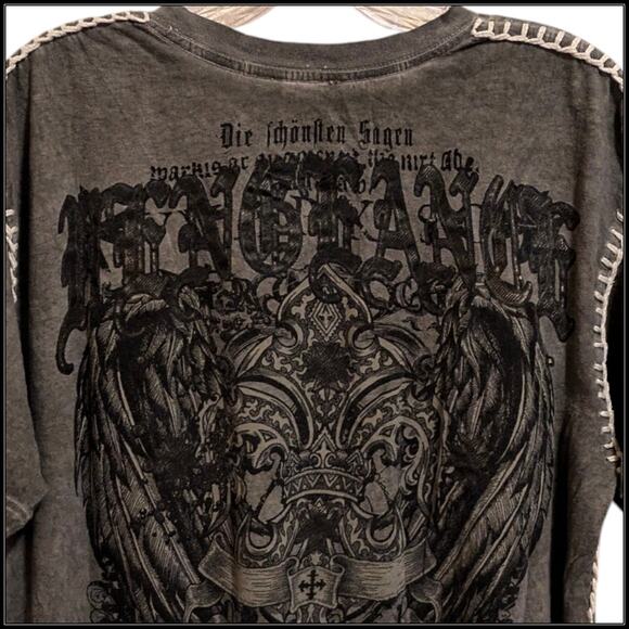 Vintage Affliction RAW STATE Fleur de Lis Vengeance V Neck Shirt Gray Men XL - Picture 2 of 7